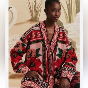 Farm Rio Floral Knit Cardigan Sweater - Pink and Red